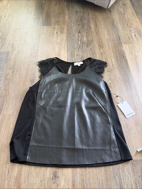 Black Faux Leather & Lace Cap-Sleeve Tank Top